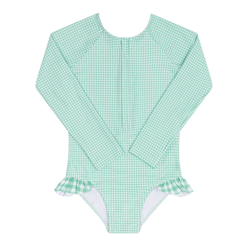 Girl’s Gustavia Gingham Front Zip Rashguard One Piece Minnow