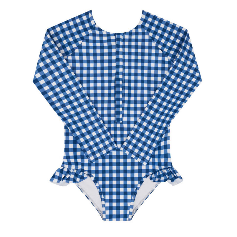 Girls Navy Picnic Gingham Front Zip Rashguard One Piece