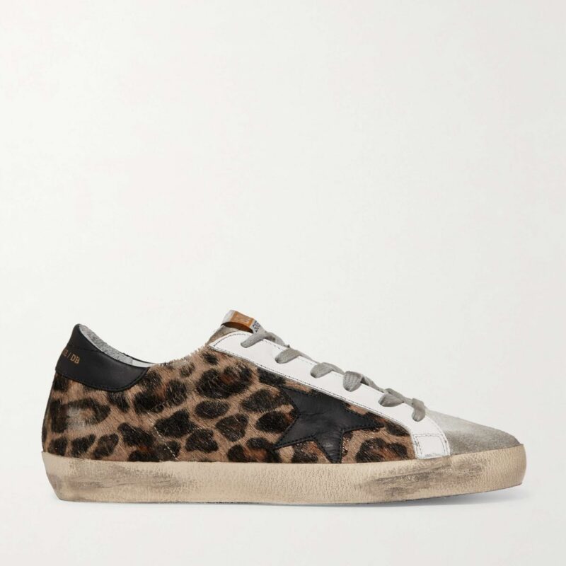 GOLDEN GOOSE | Superstar distressed leopard-print calf hair, leather and suede sneakers