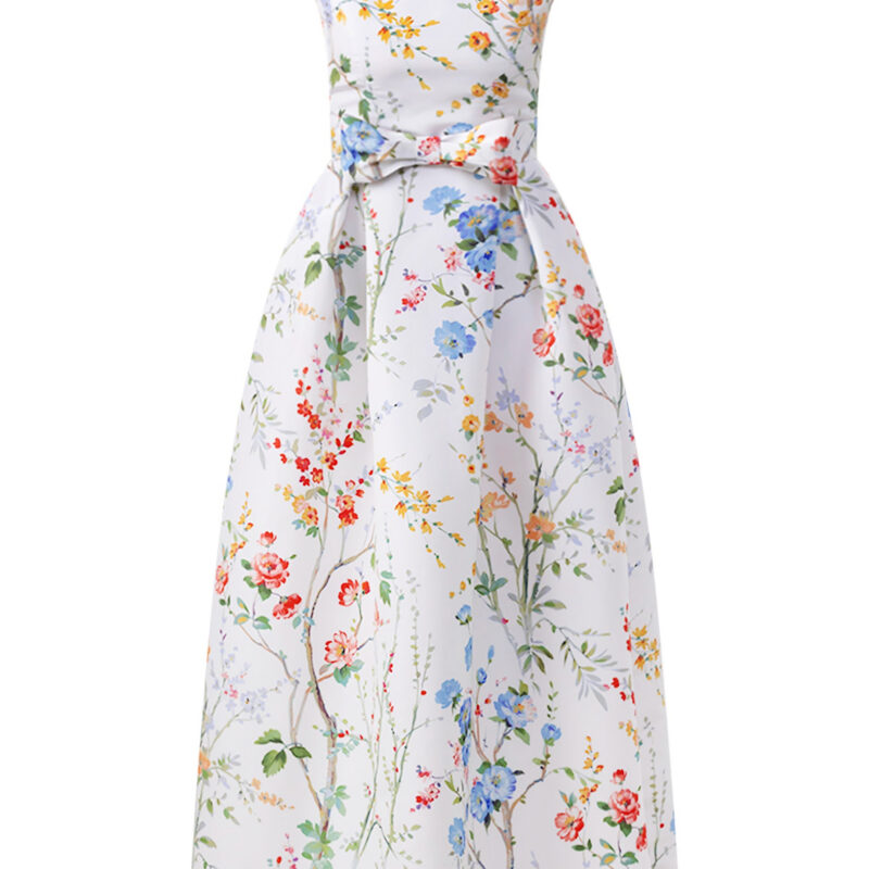 Alexia Maria Collection Grace Garden Reverie Silk Faille Ball Gown with Bow Belt in White Floral