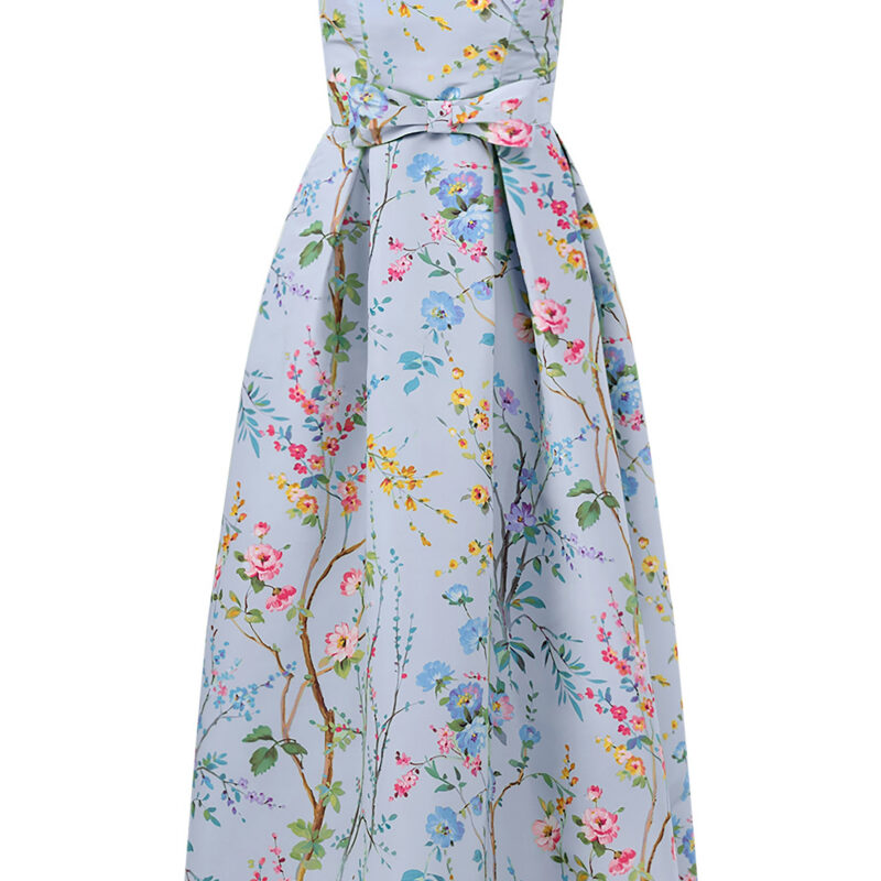 Grace Garden Reverie Silk Faille Ball Gown with Bow Belt Light Blue Floral Alexia Maria Collection