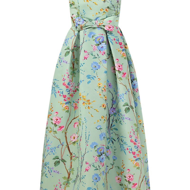 Alexia Maria Collection Grace Garden Reverie Silk Faille Ball Gown with Bow Belt in Celadon Floral