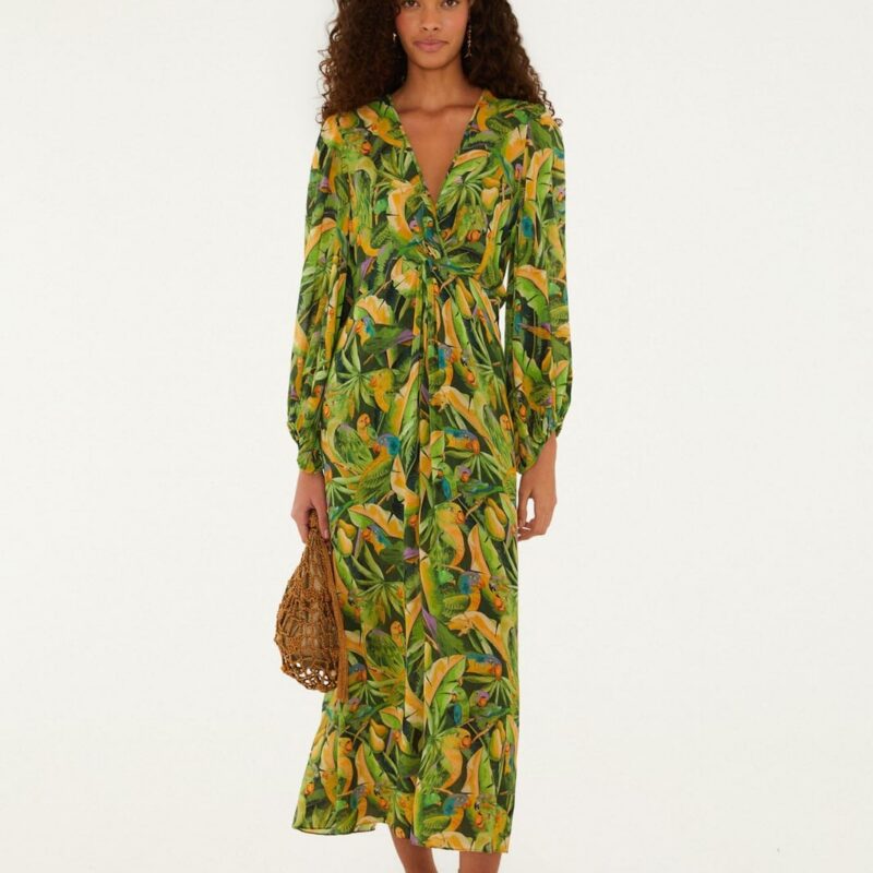 Green Forest Parrots Long Sleeve Midi Dress FarmRio US