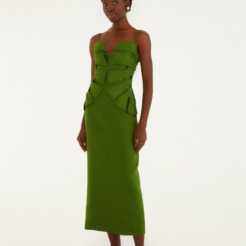 Green Monstera Leaf Sleeveless Euroflax Premium Linen Maxi Dress | FARM Rio