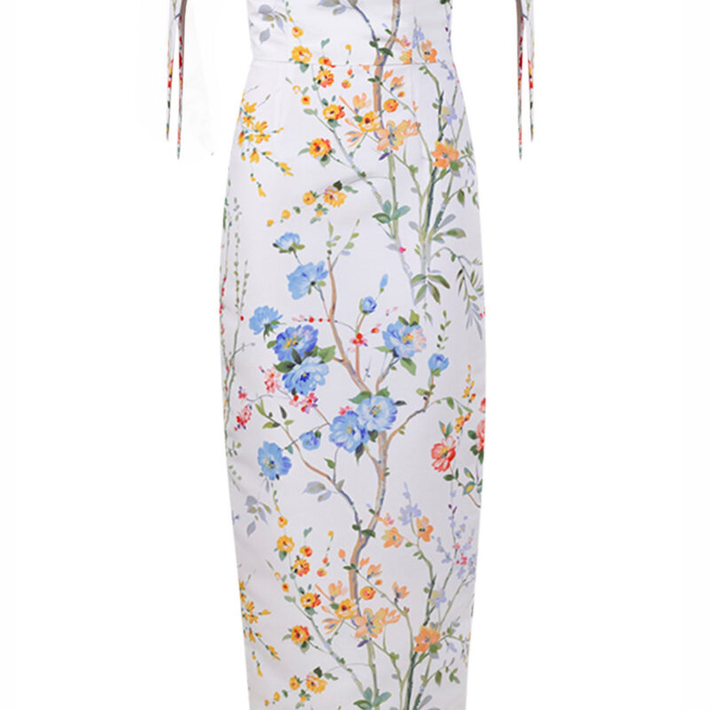 Isabella Garden Reverie Silk Faille Midi Dress in White Floral Alexia Maria Collection