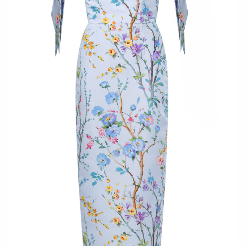 Alexia Maria Collection Isabella Garden Reverie Silk Faille Midi Dress in Light Blue Floral
