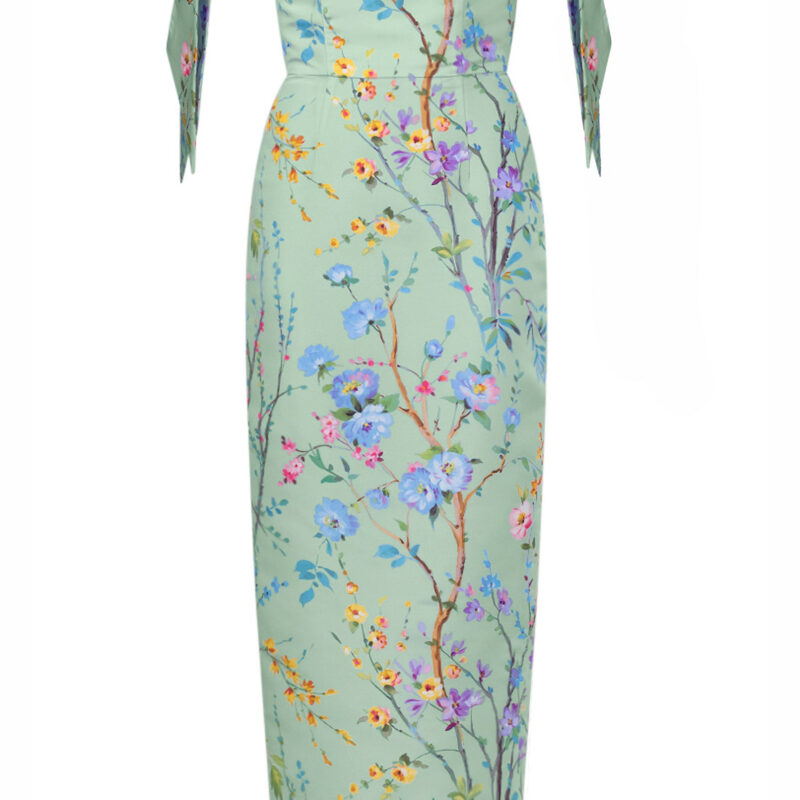Isabella Garden Reverie Silk Faille Midi Dress in Celadon Floral Alexia Maria Collection