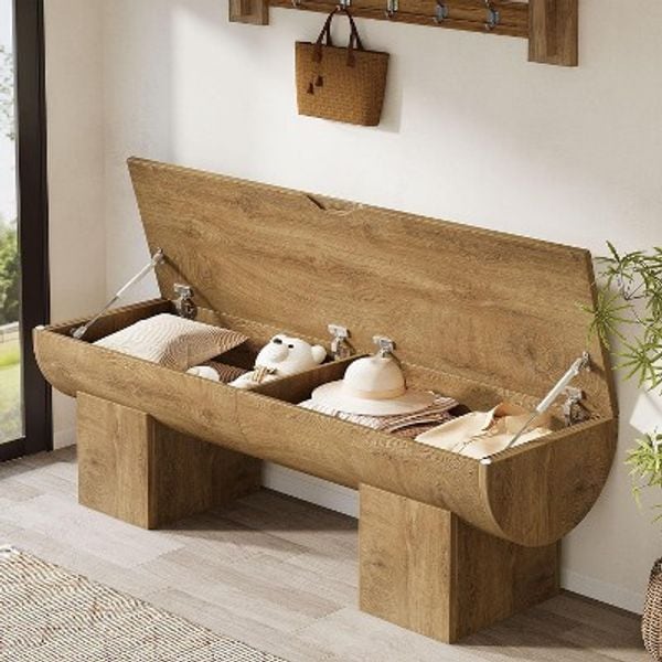 LANTINE - 55" Storage Bench with 2 Safety Hinges, Farmhouse Shoe Bench with Flip-Top Storage