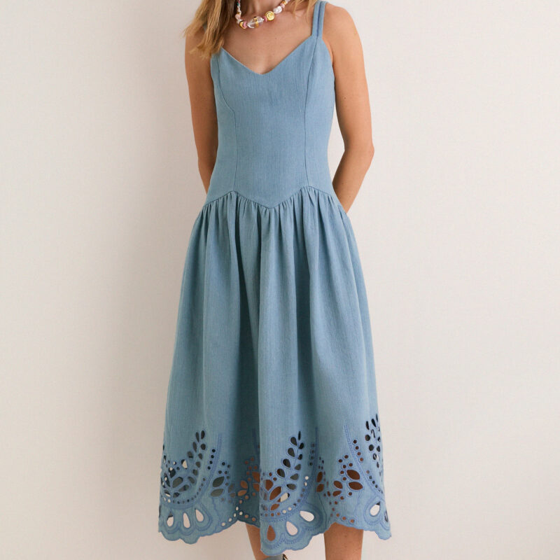Light Blue V-Neck Eyelet Detail Midi Dress Moon River