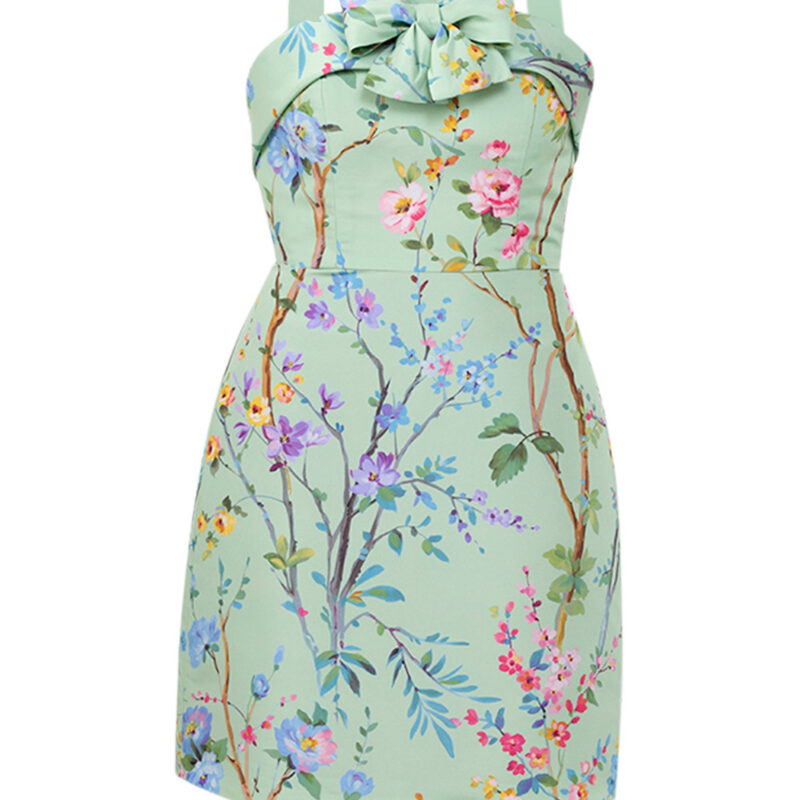 Alexia Maria Collection Lily Garden Reverie Silk Faille Mini Dress in Celadon Floral