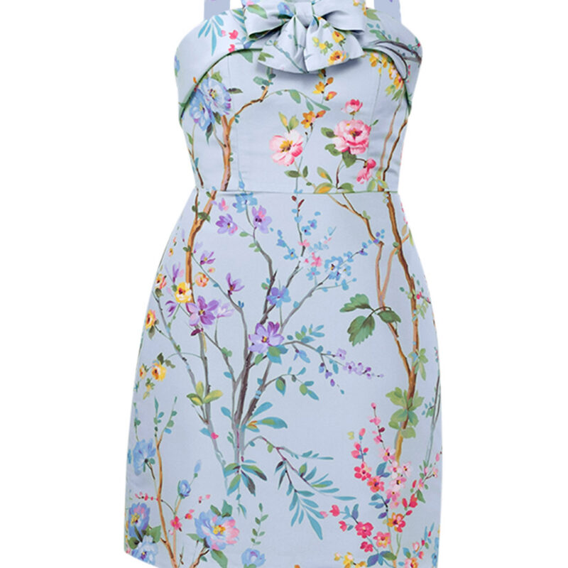 Lily Garden Reverie Silk Faille Mini Dress in Light Blue Floral Alexia Maria Collection