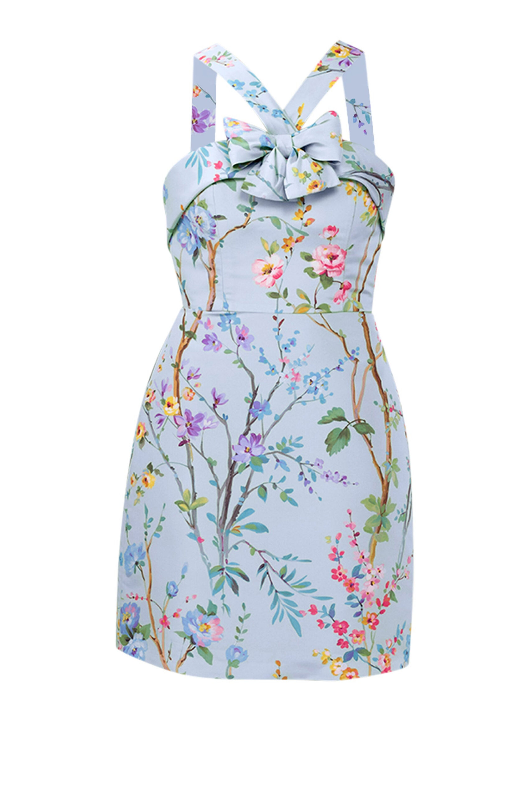 Lily Garden Reverie Silk Faille Mini Dress in Light Blue Floral Alexia Maria Collection