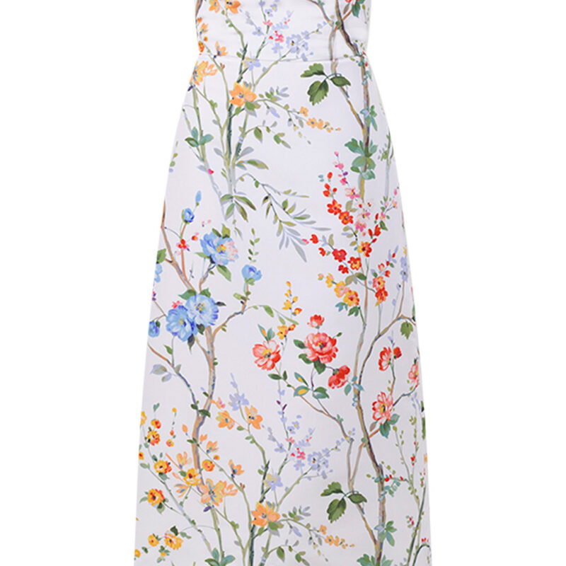 Lucie Garden Reverie Silk Faille A-Line Midi Dress in White Floral Alexia Maria Collection