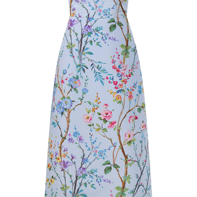 Alexia Maria Collection Lucie Garden Reverie Silk Faille A-Line Midi Dress in Light Blue Floral