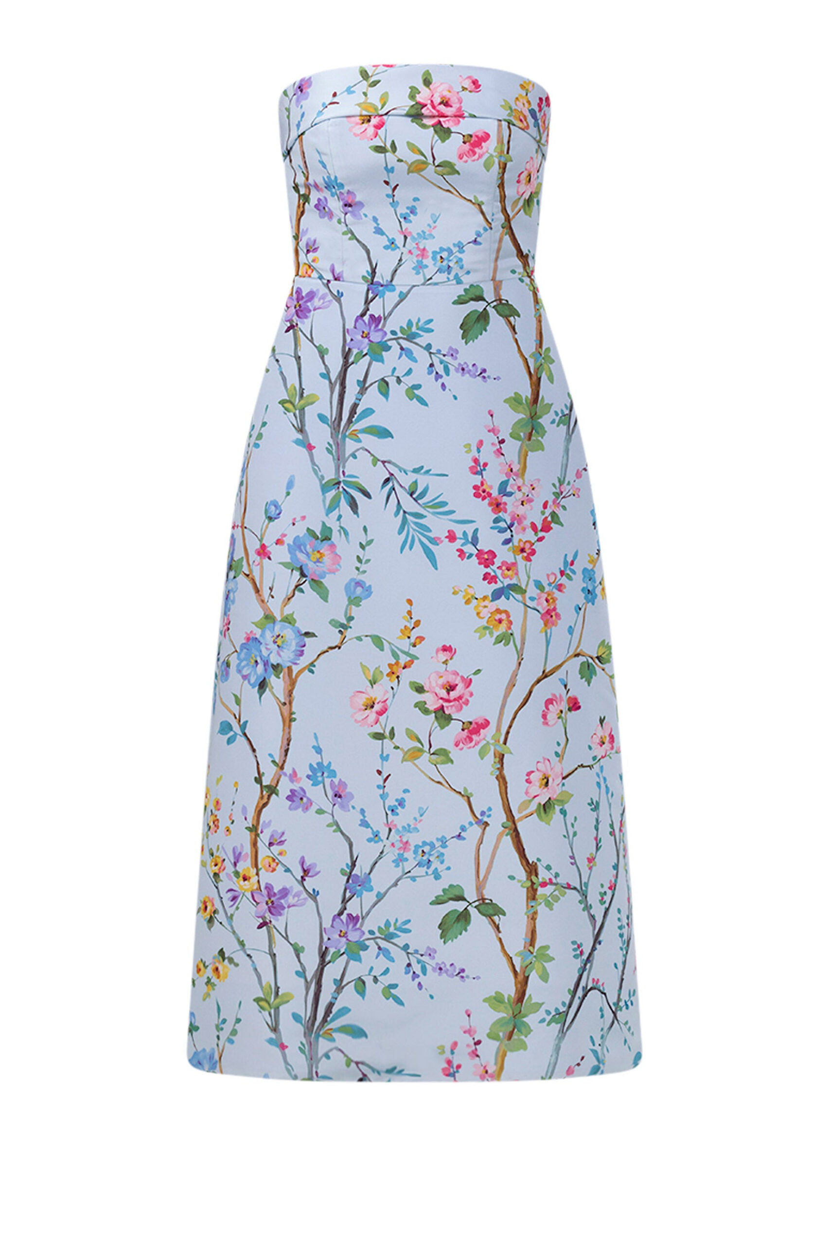 Alexia Maria Collection Lucie Garden Reverie Silk Faille A-Line Midi Dress in Light Blue Floral
