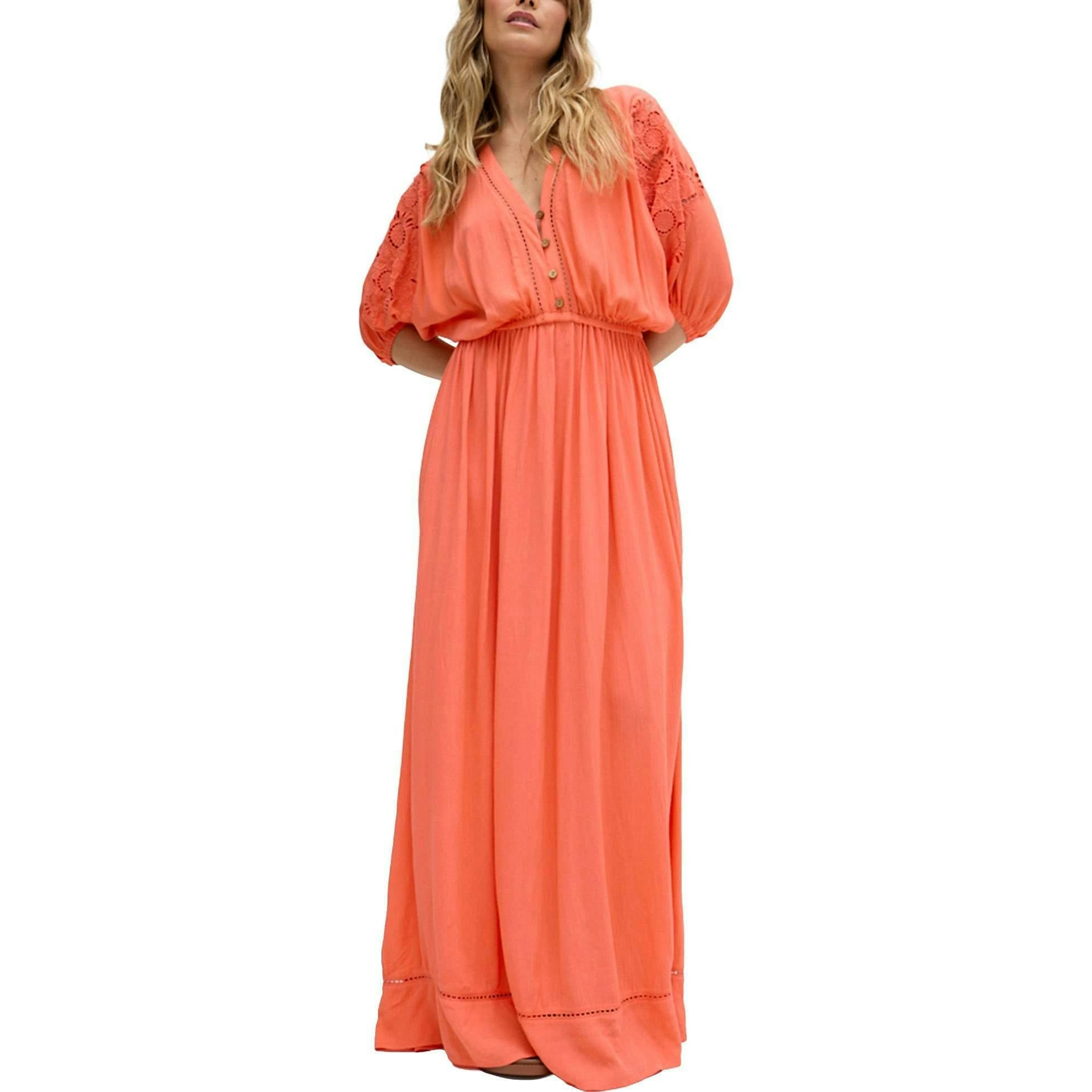 MAISONETTE | Somerton Kaftan Style Embroidered Maxi Dress - Coral