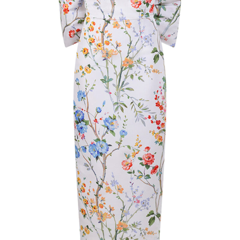 Alexia Maria Collection Margaret Garden Reverie Silk Faille Midi Dress in White Floral