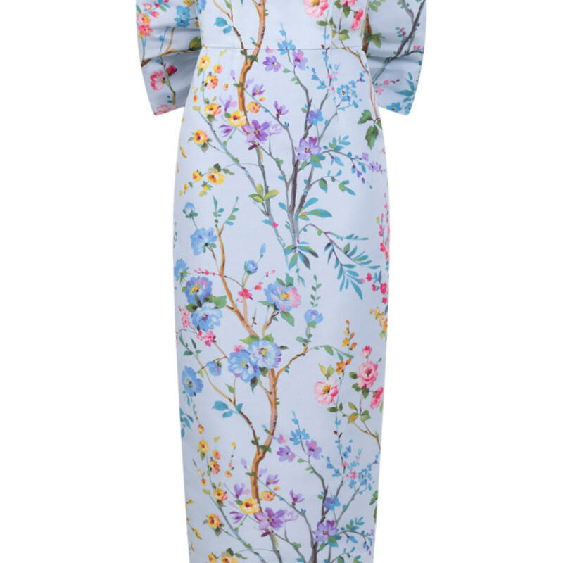 Alexia Maria Collection Margaret Garden Reverie Silk Faille Midi Dress in Light Blue Floral