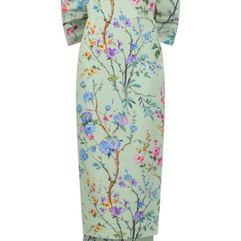 Margaret Garden Reverie Silk Faille Midi Dress in Celadon Floral Alexia Maria Collection