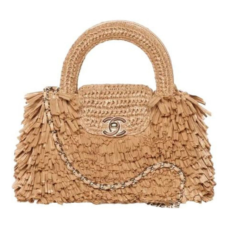 Mini Shopping Bag Raffia Effect Fabric Wood Gold Tone Metal Chanel