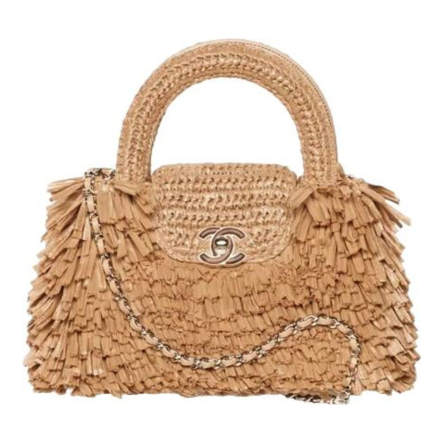 Mini Shopping Bag Raffia Effect Fabric Wood Gold Tone Metal Chanel