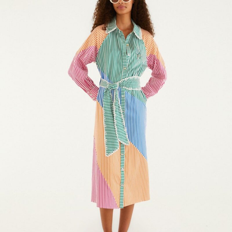 Multicolor Stripes Embroidered Belted Midi Dress FarmRio US