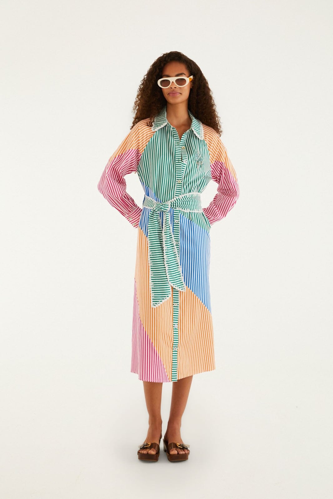 Multicolor Stripes Embroidered Belted Midi Dress FarmRio US