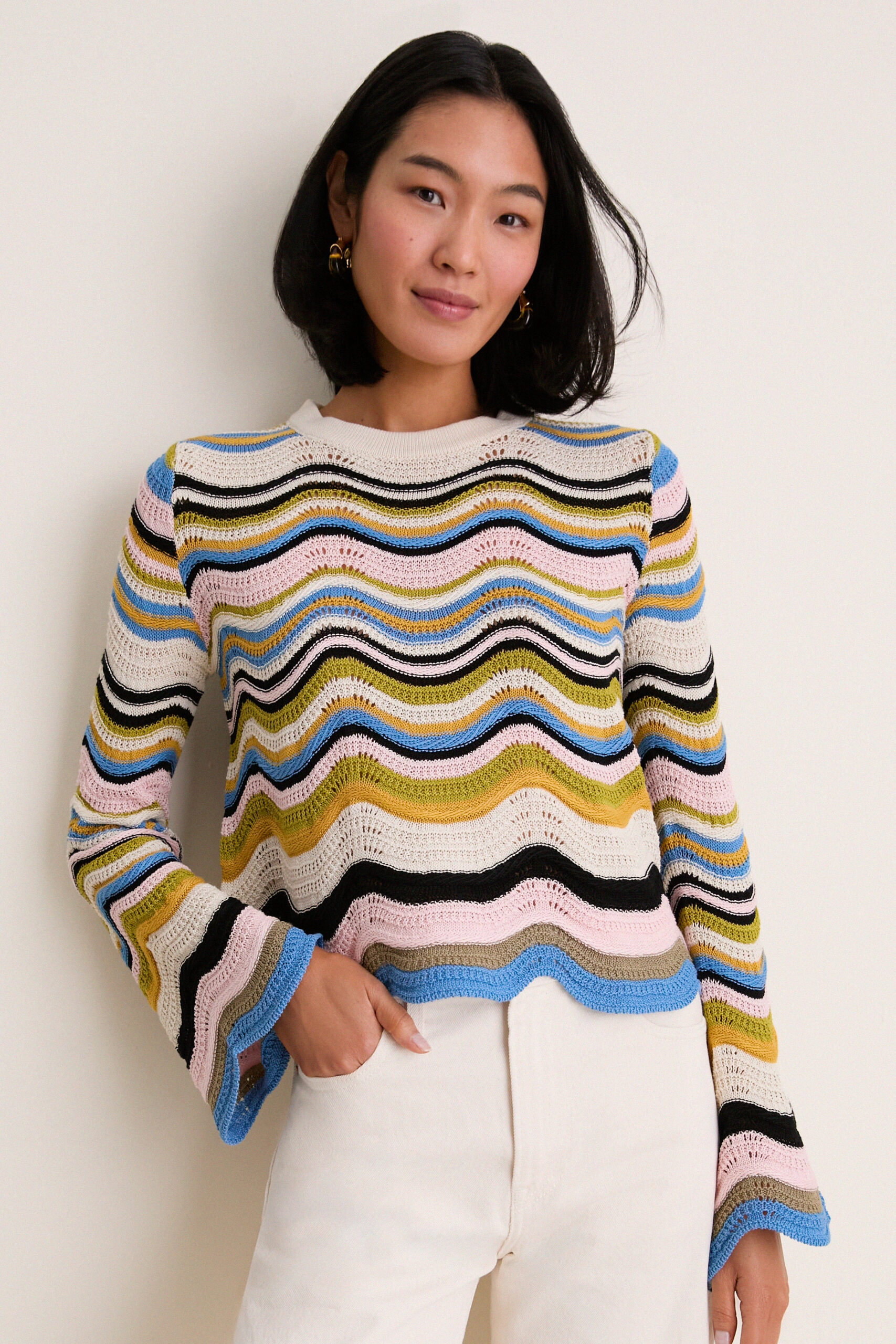 Multicolor White, Green and Pink Chevron Crop Sweater La DoubleJ