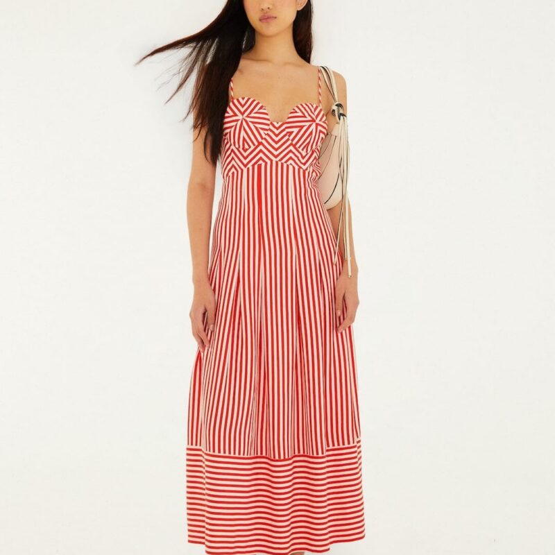 Off-White Checkered Stripes Sleeveless Lenzing Ecovero Euroflax Maxi Dress | FARM Rio