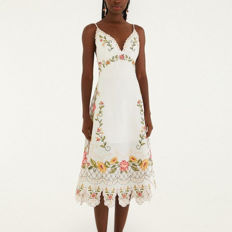 Off-White Flower Embroidery Asymetric Hem Midi Dress FarmRio US