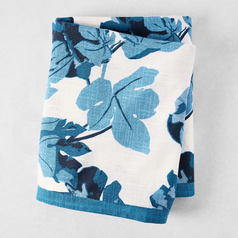 Peter Dunham + Hudson Grace Blue Fig Leaf Printed White Tablecloth Hafiz Exports