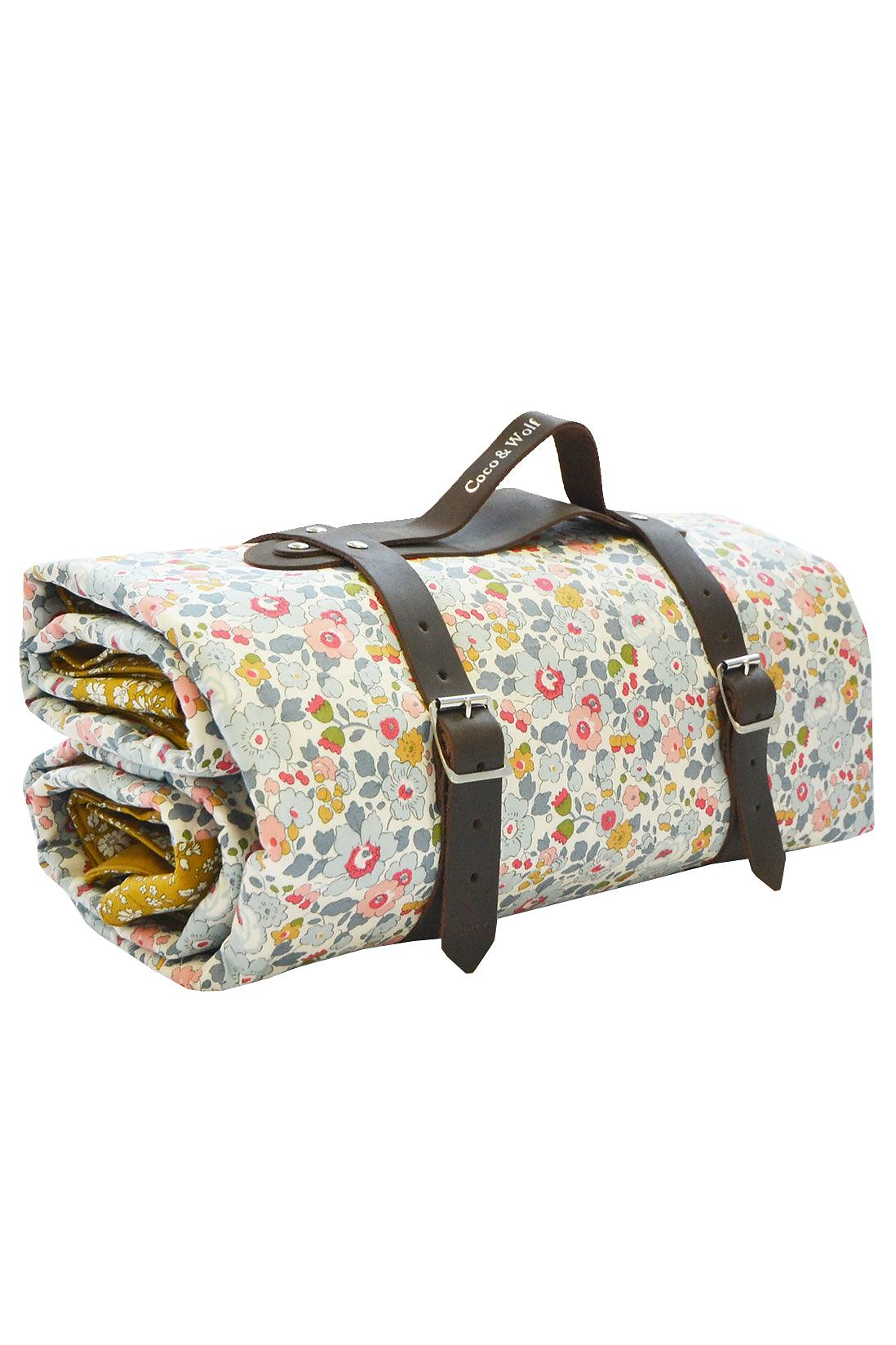 Picnic Blanket Made With Liberty Fabric in Betsy Grey & Capel Mustard Coco & Wolf