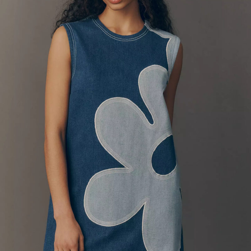 PILCRO | Sleeveless Floral Denim Mini Dress - Blue Anthropologie