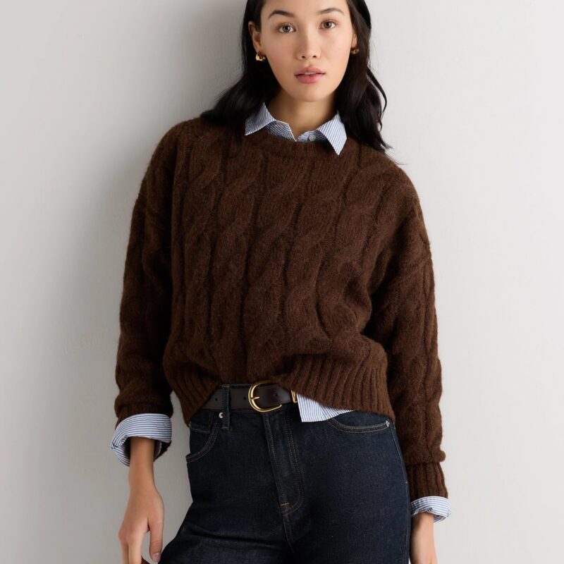 Quince | Women's Lofty Baby Alpaca Relaxed Cropped Cable Crewneck Sweater in Moss Shadow Green, Size XS