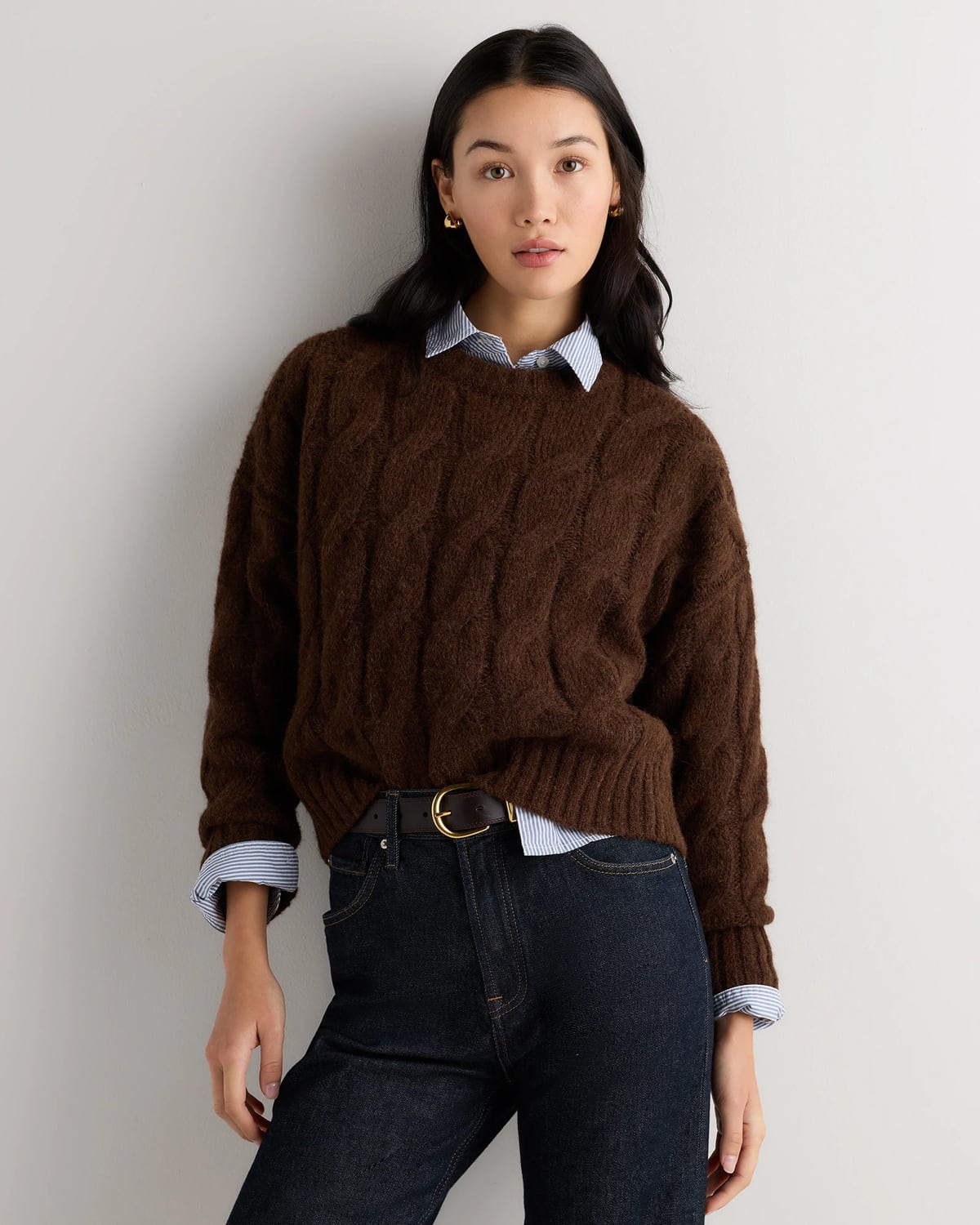 Quince | Women's Lofty Baby Alpaca Relaxed Cropped Cable Crewneck Sweater in Moss Shadow Green, Size XS