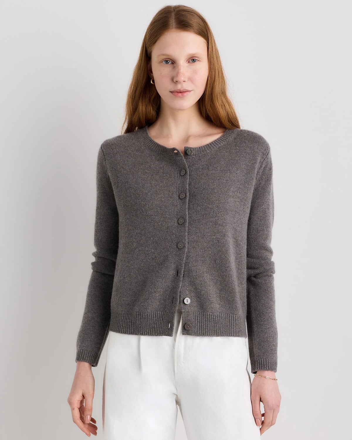 Quince | Women's Mongolian Cashmere Cropped Crew Cardigan Sweater in Heather Grey, Size Medium