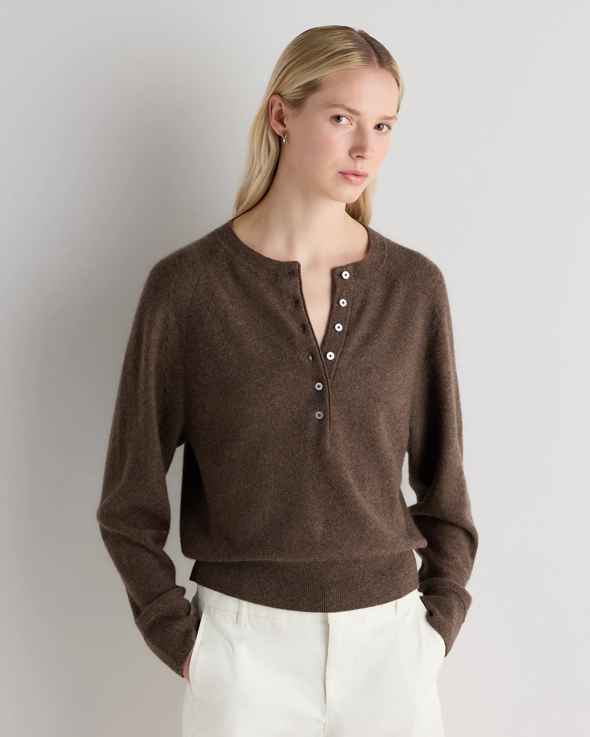 Quince | Women's Mongolian Cashmere Dolman Sleeve Henley Sweater in Heather Grey, Size Small