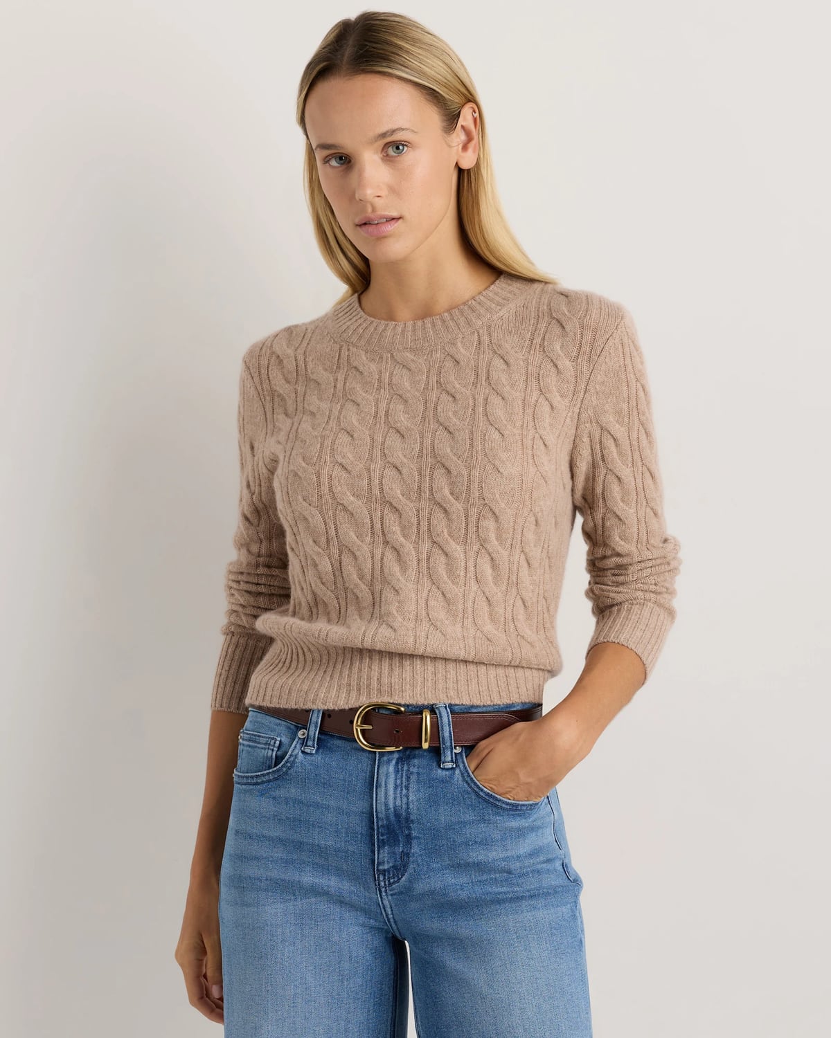 Quince | Women's Mongolian Cashmere Shrunken Cable Crewneck Sweater in Charcoal, Size XL