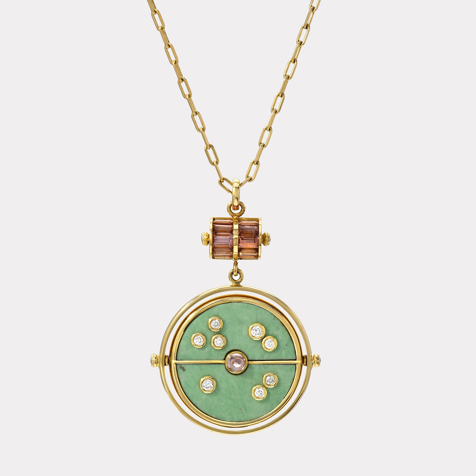 RETROUVAI - Grandfather Compass Pendant with Green Turquoise and Lotus Garnet
