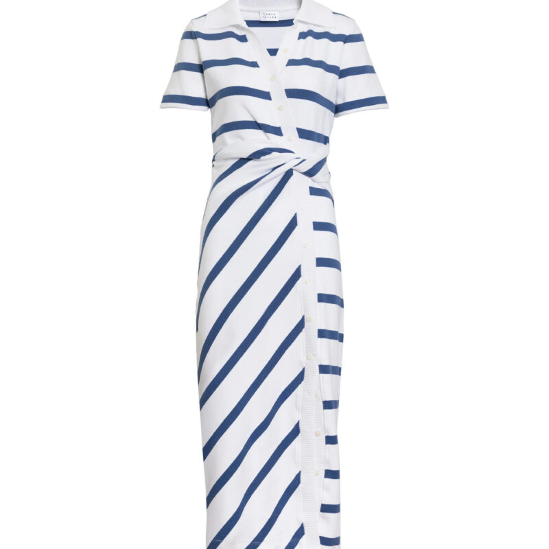 Short Sleeve Ellicot Dress in White & French Blue Wide Stripe