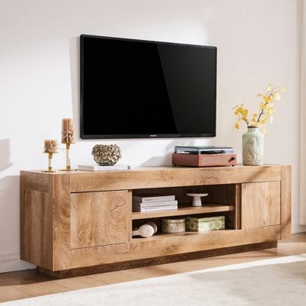 SINCIDO - 70" TV Stand for 80" TV, Modern Wood Entertainment Center Media Console with Storage Cabinets, Open Shelving for Living Room, Light Knotty Oak