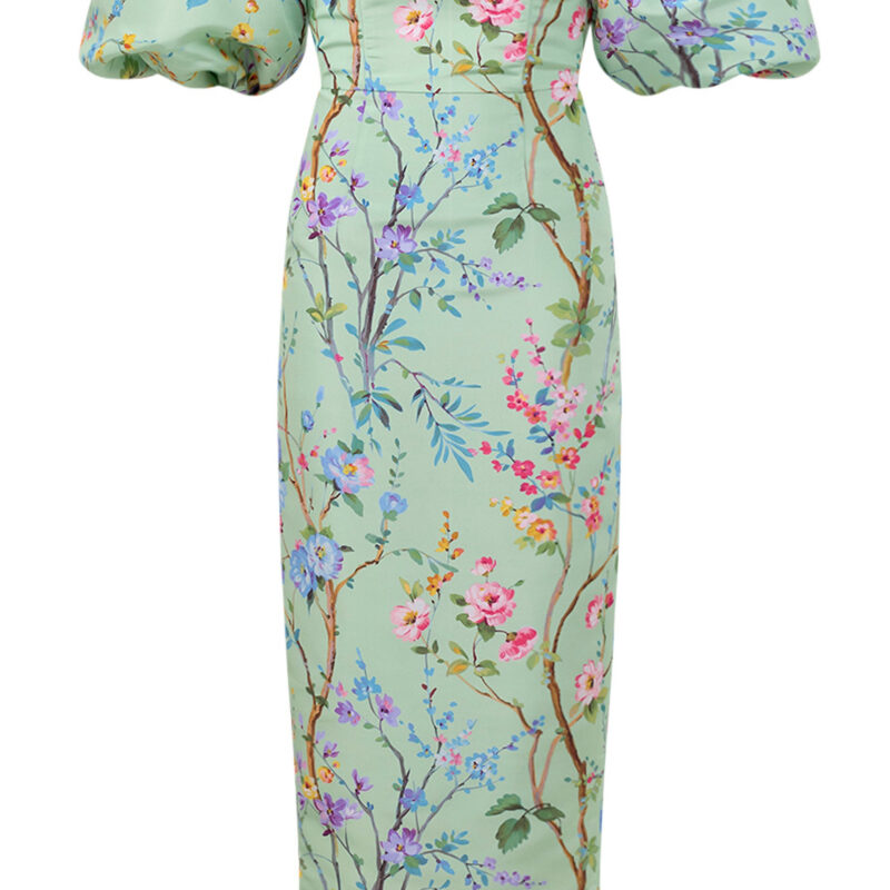 Alexia Maria Collection Sylvia Garden Reverie Silk Faille Midi Dress in Celadon Floral
