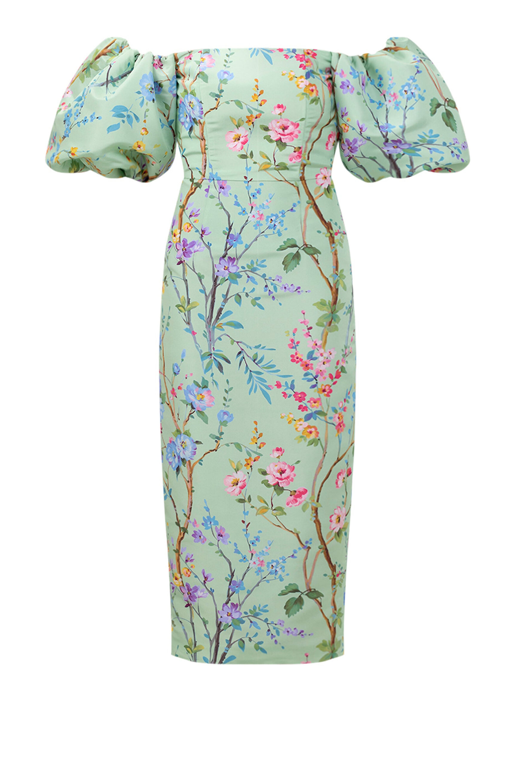 Alexia Maria Collection Sylvia Garden Reverie Silk Faille Midi Dress in Celadon Floral