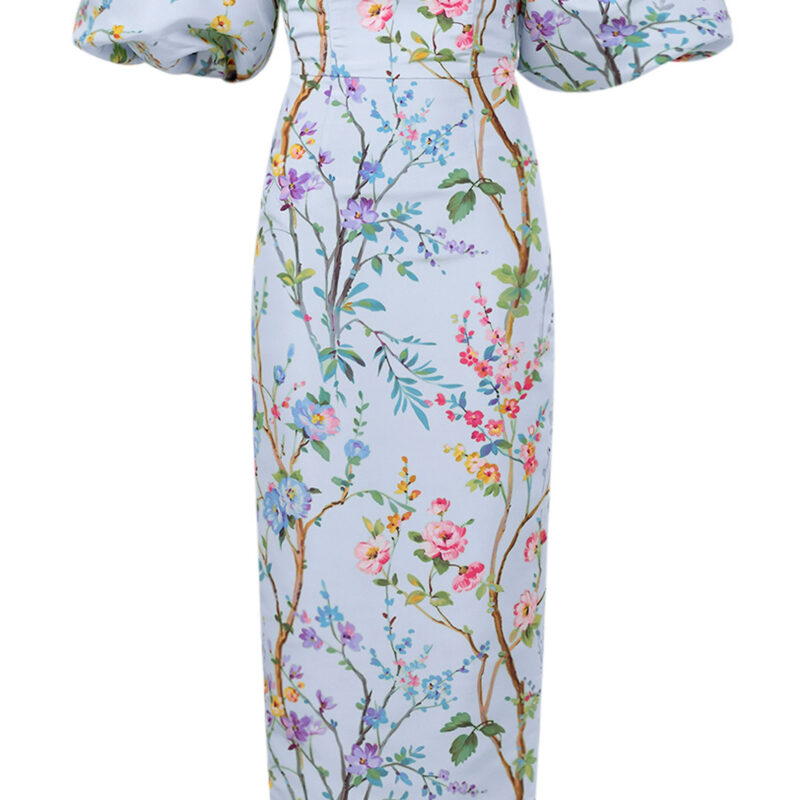 Sylvia Garden Reverie Silk Faille Midi Dress in Light Blue Floral Alexia Maria Collection