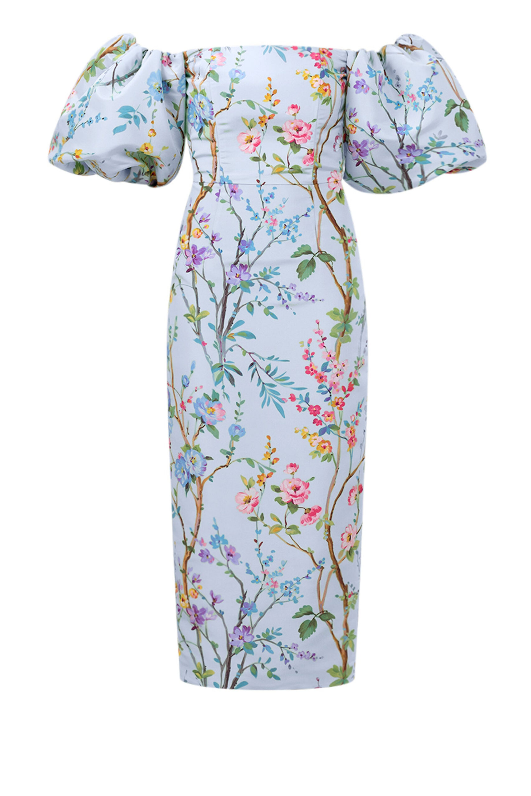 Sylvia Garden Reverie Silk Faille Midi Dress in Light Blue Floral Alexia Maria Collection