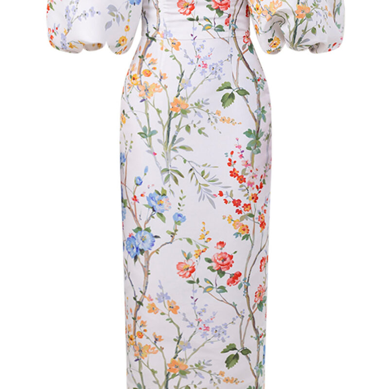Alexia Maria Collection Sylvia Garden Reverie Silk Faille Midi Dress in White Floral