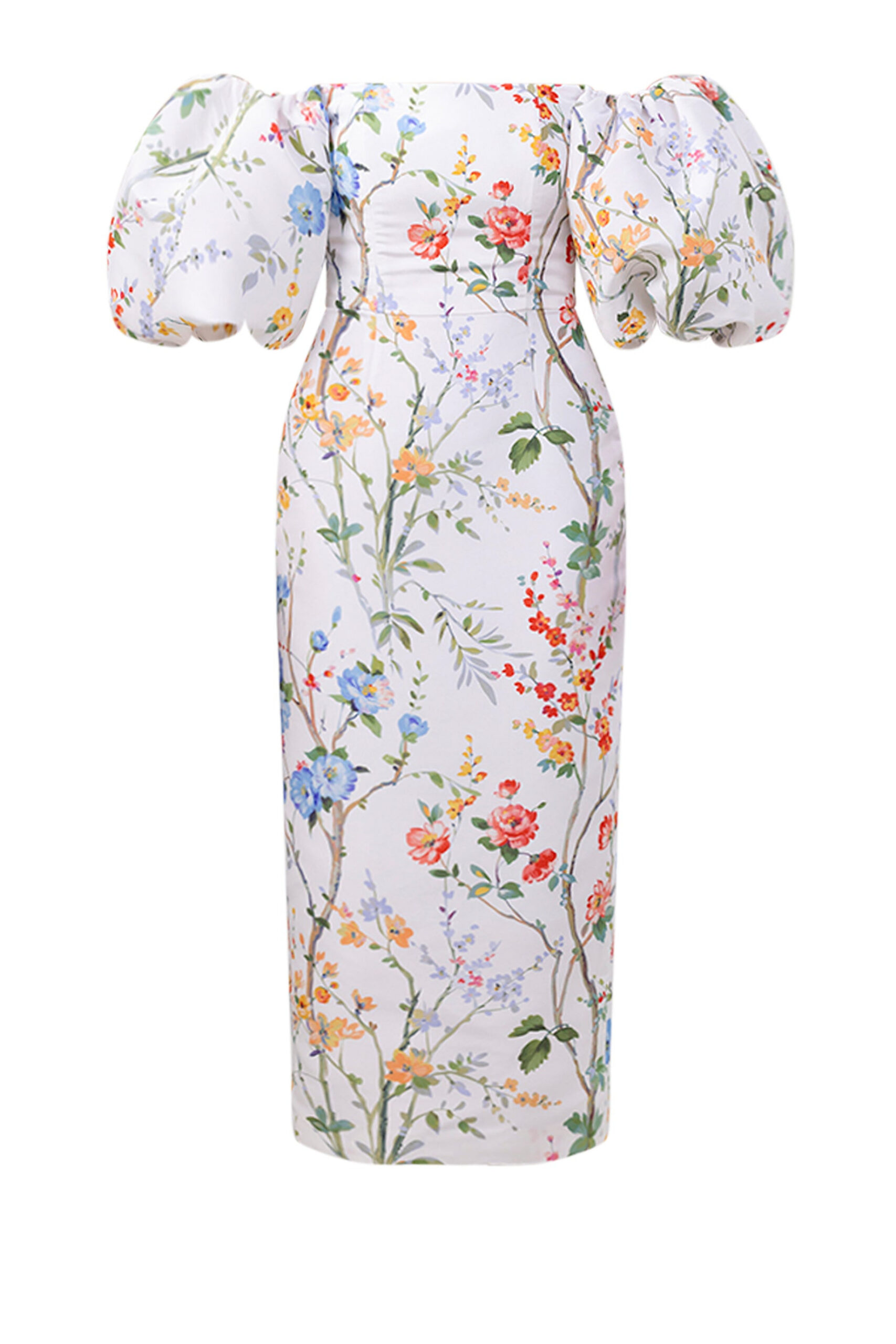 Alexia Maria Collection Sylvia Garden Reverie Silk Faille Midi Dress in White Floral