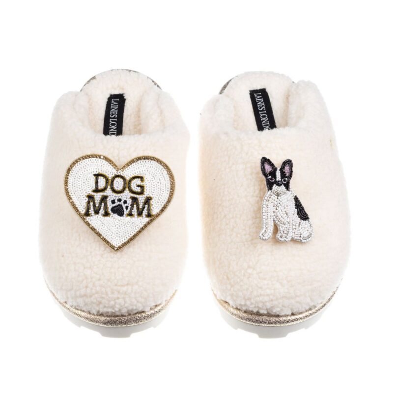 Teddy Closed Toe Slippers With Dog Mum/Mom & Black/White Sitting French Bulldog - Cream