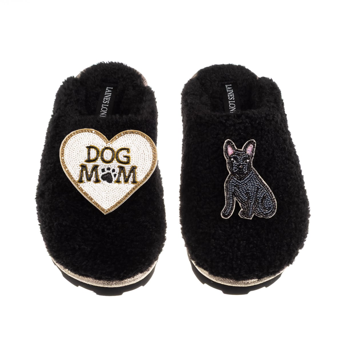 Teddy Closed Toe Slippers With Dog Mum/Mom & Black Sitting French Bulldog Brooch - Black