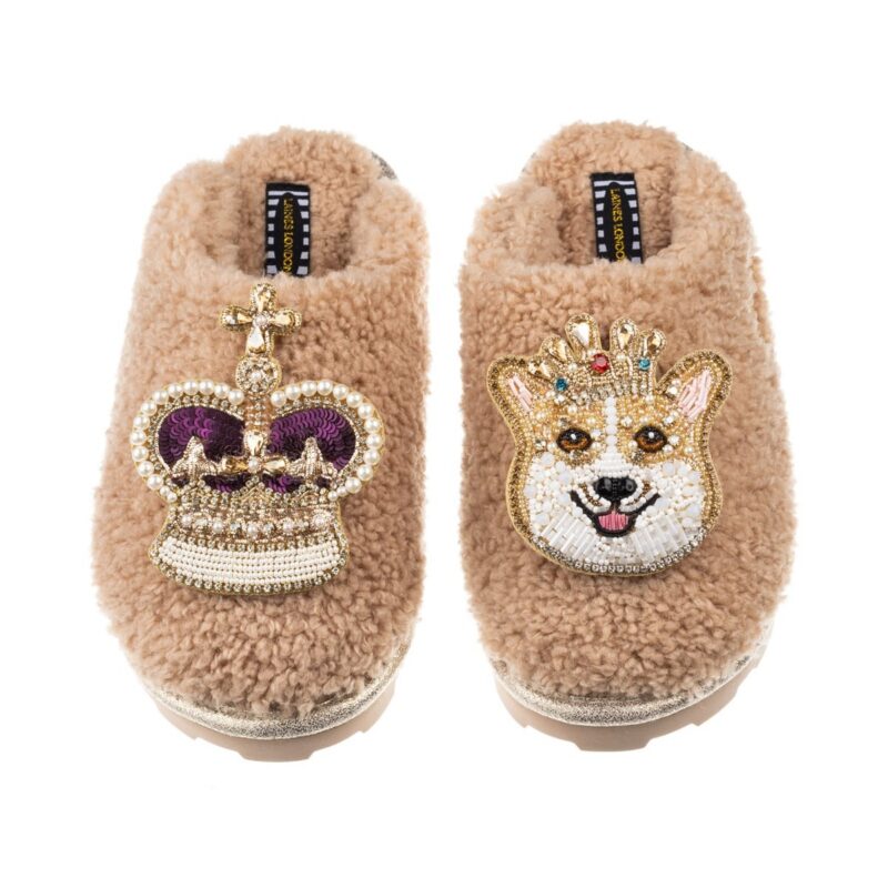 Teddy Towelling Closed Toe Slippers With Sandy The Corgi & Royal Crown Brooches - Toffee